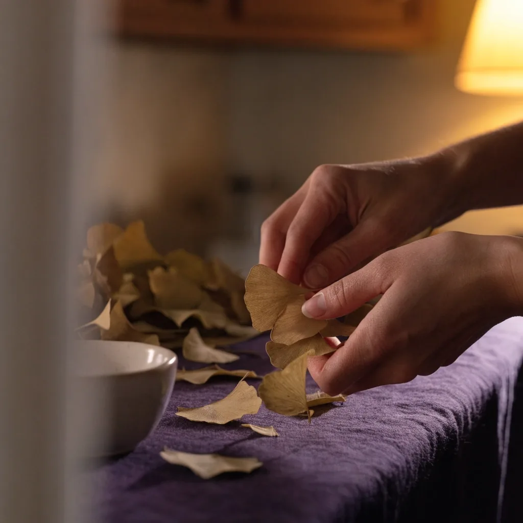 Getrocknete Ginkgoblätter in einer flachen Schale auf dunklem Stoff