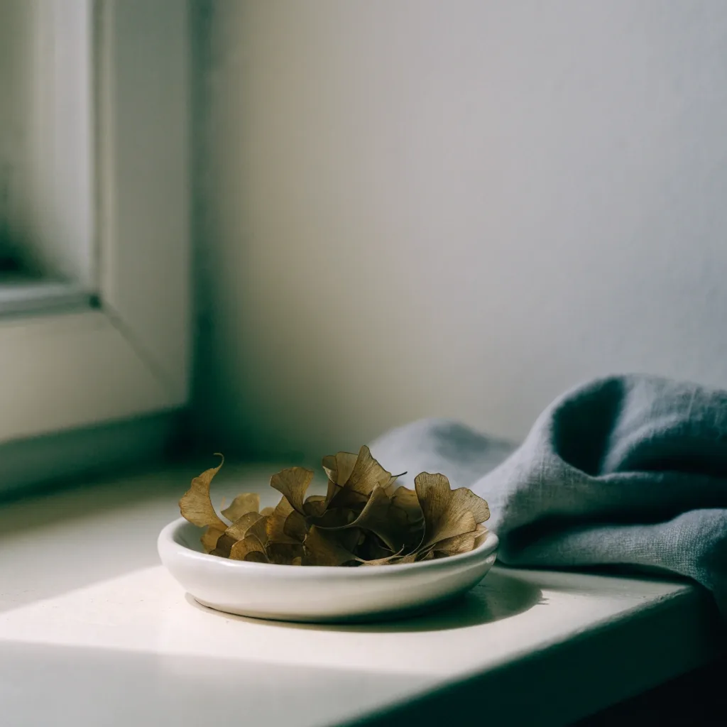 Ruhiger Arbeitsplatz am Fenster mit gefaltetem Stoff und verschlossenem Glas