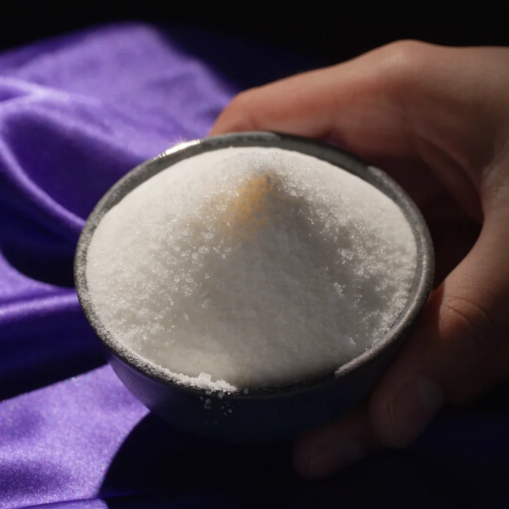 Makroaufnahme feinen weißen Vitamin-C-Pulvers in einer kleinen dunklen Keramikschale auf violettem Stoff