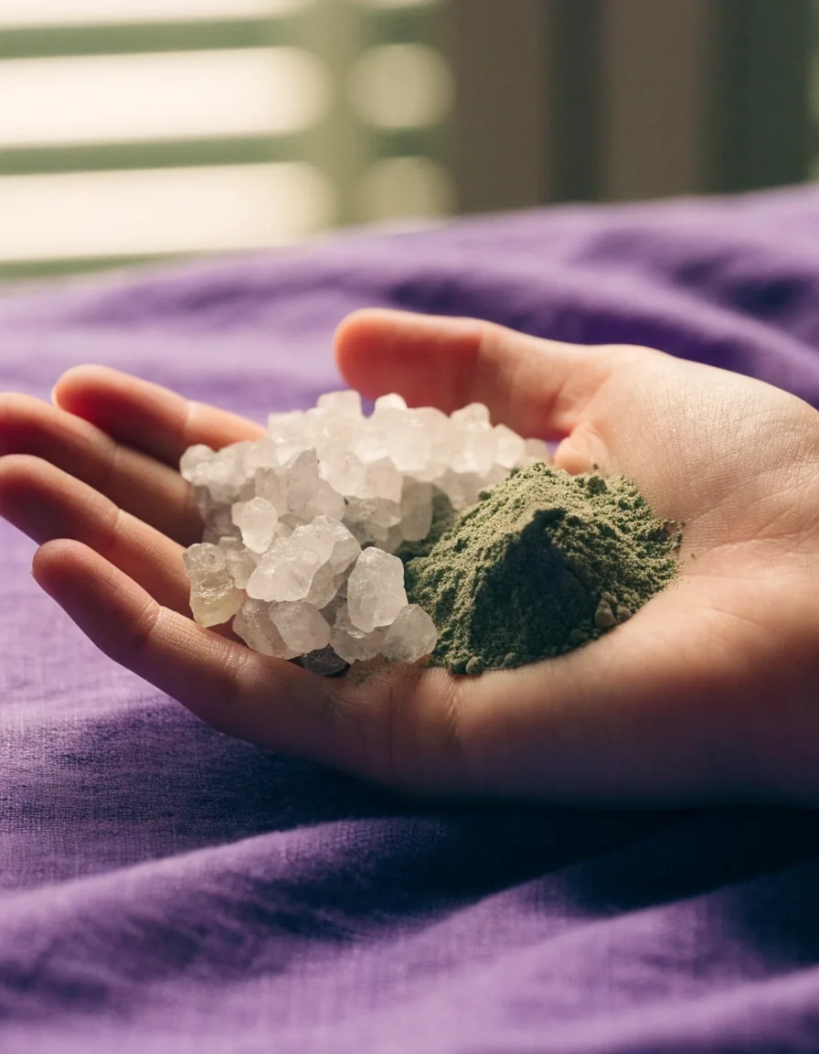 Zwei flache Keramikschalen nebeneinander auf violettem Tuch, eine mit Mineralflocken, eine mit gemahlenem Pflanzenmaterial